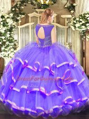 Lilac Lace Up Sweet 16 Quinceanera Dress Beading and Ruffles Sleeveless Floor Length