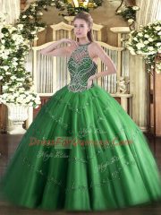 Traditional Green Tulle Lace Up Quince Ball Gowns Sleeveless Floor Length Beading