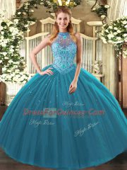 Teal Quinceanera Dresses Sweet 16 and Quinceanera with Beading and Embroidery Halter Top Sleeveless Lace Up