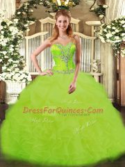 Free and Easy Sleeveless Organza Floor Length Lace Up 15th Birthday Dress in Yellow Green with Beading and Ruffles
