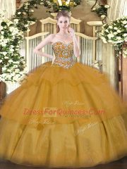 Captivating Organza Sweetheart Sleeveless Lace Up Beading and Ruffled Layers 15th Birthday Dress in Brown