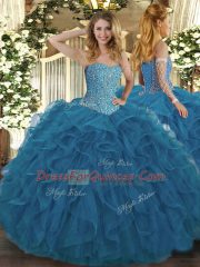 Ball Gowns Vestidos de Quinceanera Teal Sweetheart Tulle Sleeveless Floor Length Lace Up