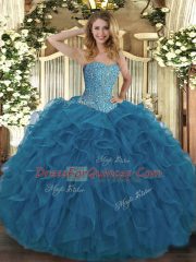Ball Gowns Vestidos de Quinceanera Teal Sweetheart Tulle Sleeveless Floor Length Lace Up