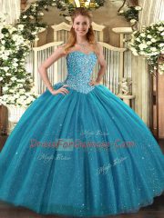 Fabulous Teal Sleeveless Floor Length Beading Lace Up Quince Ball Gowns