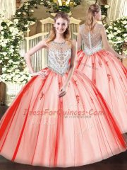 Coral Red Sleeveless Beading and Appliques Floor Length Quinceanera Dresses