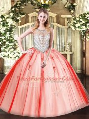 Coral Red Sleeveless Beading and Appliques Floor Length Quinceanera Dresses