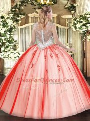 Coral Red Sleeveless Beading and Appliques Floor Length Quinceanera Dresses
