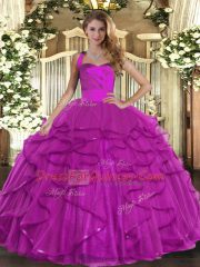 Elegant Fuchsia Halter Top Neckline Ruffles Sweet 16 Quinceanera Dress Sleeveless Lace Up