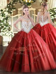 Beading and Appliques Sweet 16 Dresses Red Zipper Sleeveless Floor Length