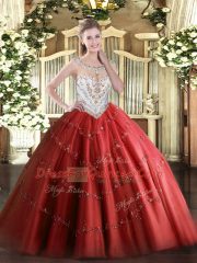 Beading and Appliques Sweet 16 Dresses Red Zipper Sleeveless Floor Length