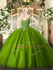 Popular Green Sleeveless Floor Length Beading Lace Up Quinceanera Gowns