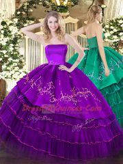 Dynamic Purple Organza and Taffeta Zipper Strapless Sleeveless Floor Length Vestidos de Quinceanera Embroidery and Ruffled Layers