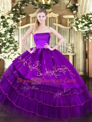 Dynamic Purple Organza and Taffeta Zipper Strapless Sleeveless Floor Length Vestidos de Quinceanera Embroidery and Ruffled Layers