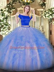Blue And White Short Sleeves Tulle Zipper Quinceanera Gown for Military Ball and Sweet 16 and Quinceanera