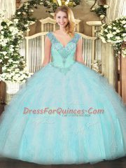 V-neck Sleeveless Organza Sweet 16 Dresses Ruffles Lace Up