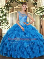Wonderful Ball Gowns Quinceanera Gown Baby Blue Scoop Organza Sleeveless Floor Length Lace Up