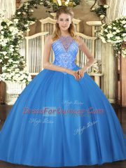 Luxury High-neck Sleeveless 15th Birthday Dress Floor Length Beading Baby Blue Tulle