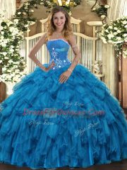New Style Baby Blue Sleeveless Floor Length Beading and Ruffles Lace Up Vestidos de Quinceanera