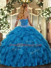 New Style Baby Blue Sleeveless Floor Length Beading and Ruffles Lace Up Vestidos de Quinceanera