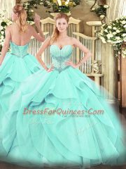 Pretty Aqua Blue Lace Up Sweetheart Beading and Ruffles Sweet 16 Dresses Tulle Sleeveless