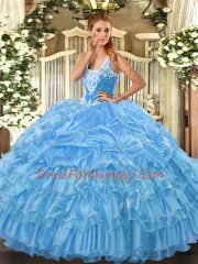 Sleeveless Organza Floor Length Lace Up Sweet 16 Quinceanera Dress in Baby Blue with Beading and Ruffled Layers and Pick Ups