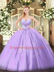 Excellent Sleeveless Floor Length Beading Lace Up Quinceanera Gown with Lavender