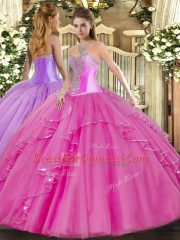 Perfect Sweetheart Sleeveless Quinceanera Gown Floor Length Beading and Ruffles Fuchsia Tulle