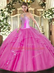 Perfect Sweetheart Sleeveless Quinceanera Gown Floor Length Beading and Ruffles Fuchsia Tulle
