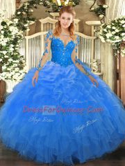Classical Blue Long Sleeves Organza Lace Up Ball Gown Prom Dress for Military Ball and Sweet 16 and Quinceanera
