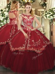 Wine Red Cap Sleeves Beading and Appliques and Embroidery Floor Length Sweet 16 Dresses