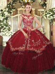 Wine Red Cap Sleeves Beading and Appliques and Embroidery Floor Length Sweet 16 Dresses