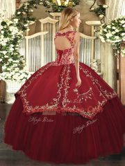 Wine Red Cap Sleeves Beading and Appliques and Embroidery Floor Length Sweet 16 Dresses