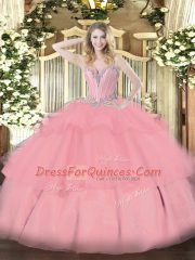 Sweet Beading and Ruffled Layers Sweet 16 Dresses Baby Pink Lace Up Sleeveless Floor Length