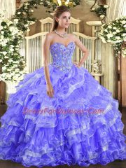 Sweetheart Sleeveless Ball Gown Prom Dress Floor Length Embroidery and Ruffled Layers Lavender Organza