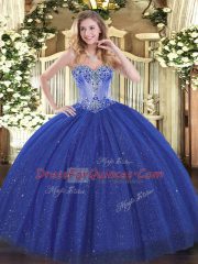 Glamorous Royal Blue Ball Gowns Sequined Sweetheart Sleeveless Beading Lace Up Quinceanera Dresses