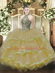 Elegant Gold Ball Gowns Organza Halter Top Sleeveless Beading and Ruffles Floor Length Lace Up Vestidos de Quinceanera