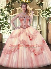 Baby Pink Tulle Lace Up Sweet 16 Dresses Sleeveless Beading and Appliques