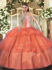 Sleeveless Floor Length Beading and Ruffled Layers Lace Up Quinceanera Gowns with Coral Red