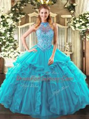 Teal Sleeveless Beading and Ruffles Floor Length Quinceanera Dress