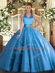 Fitting Baby Blue Tulle Lace Up Halter Top Sleeveless Floor Length Ball Gown Prom Dress Appliques