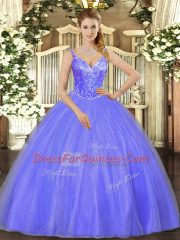Lavender Ball Gowns Tulle V-neck Sleeveless Beading Floor Length Lace Up Quinceanera Dress