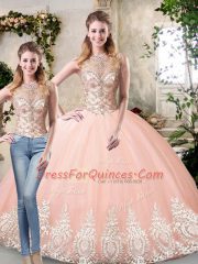 Sleeveless Tulle Floor Length Lace Up 15 Quinceanera Dress in Peach with Beading and Lace and Appliques