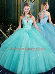 Floor Length Aqua Blue Sweet 16 Quinceanera Dress Tulle Sleeveless Beading and Pick Ups