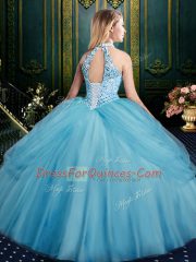 Floor Length Aqua Blue Sweet 16 Quinceanera Dress Tulle Sleeveless Beading and Pick Ups