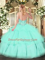 Decent Lavender Tulle Lace Up 15th Birthday Dress Sleeveless Floor Length Beading and Ruffled Layers