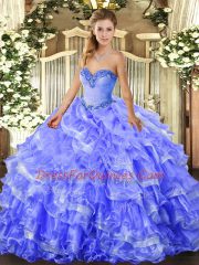 Organza Sweetheart Sleeveless Lace Up Beading and Ruffled Layers Quinceanera Gown in Blue