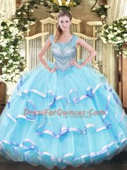 Scoop Sleeveless Sweet 16 Dresses Floor Length Beading and Ruffled Layers Aqua Blue Organza