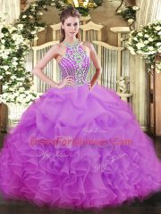 Sleeveless Floor Length Beading and Ruffles Lace Up Sweet 16 Quinceanera Dress with Lilac
