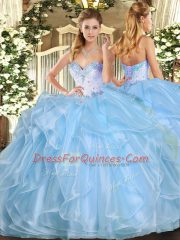 Inexpensive Aqua Blue Sleeveless Floor Length Beading and Ruffles Lace Up Quinceanera Gown