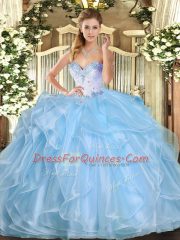 Inexpensive Aqua Blue Sleeveless Floor Length Beading and Ruffles Lace Up Quinceanera Gown